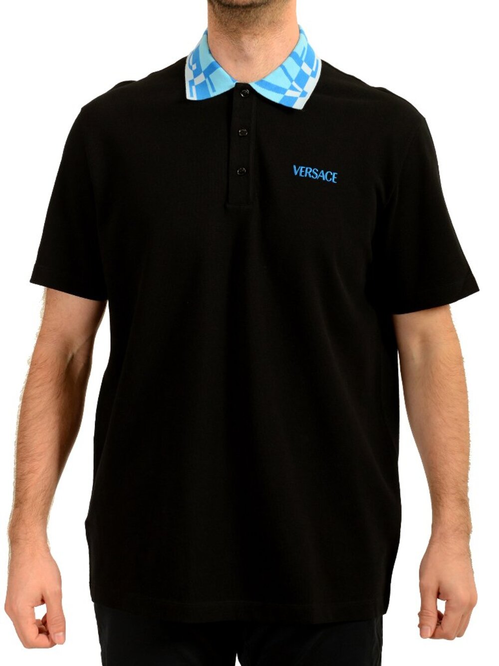 Versace Men's Black & Blue Logo Embroidery Short Sleeve Polo Shirt US M IT 50